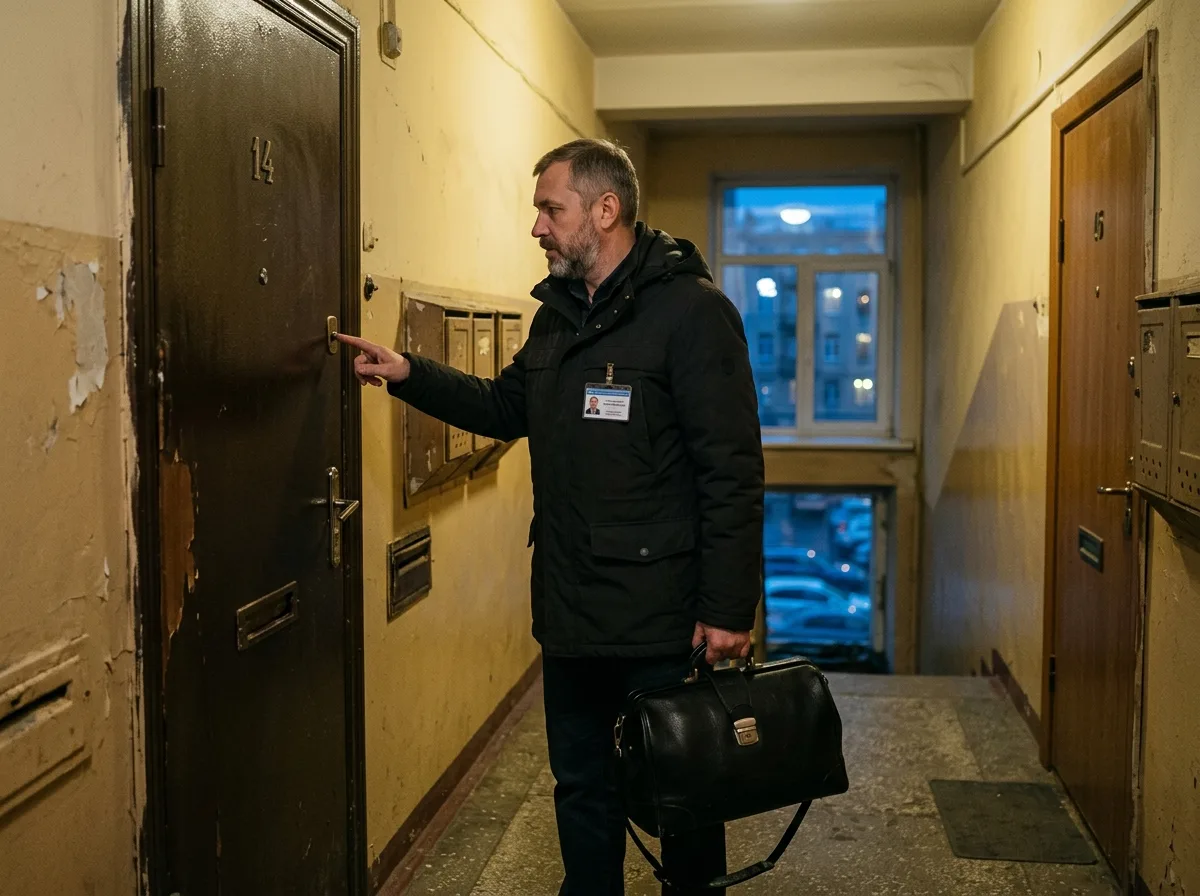Нарколог приезжает на дом к пациенту в Санкт-Петербурге, врач с медицинской сумкой у двери квартиры, вечерний выезд, профессиональный внешний вид